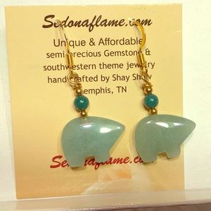 Green Gemstone Zuni Bear Earrings made w-Swarovski